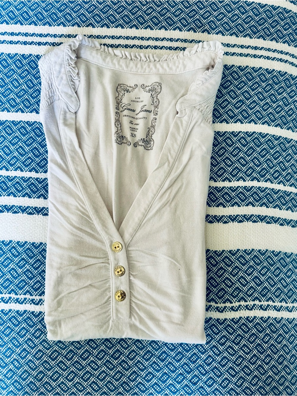 Guess White Ruffled V-Neck sleeve Top with Gold Buttons